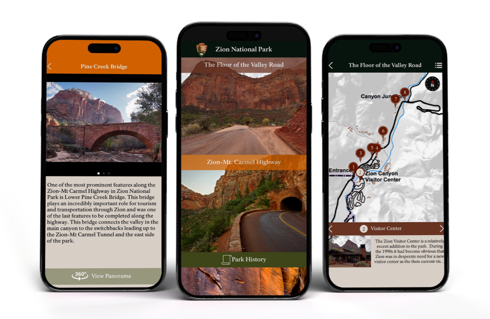 Zion01 Deliver a mobile app experience showcasing Zion National Park’s historical sites, with offline panoramic 3D content.