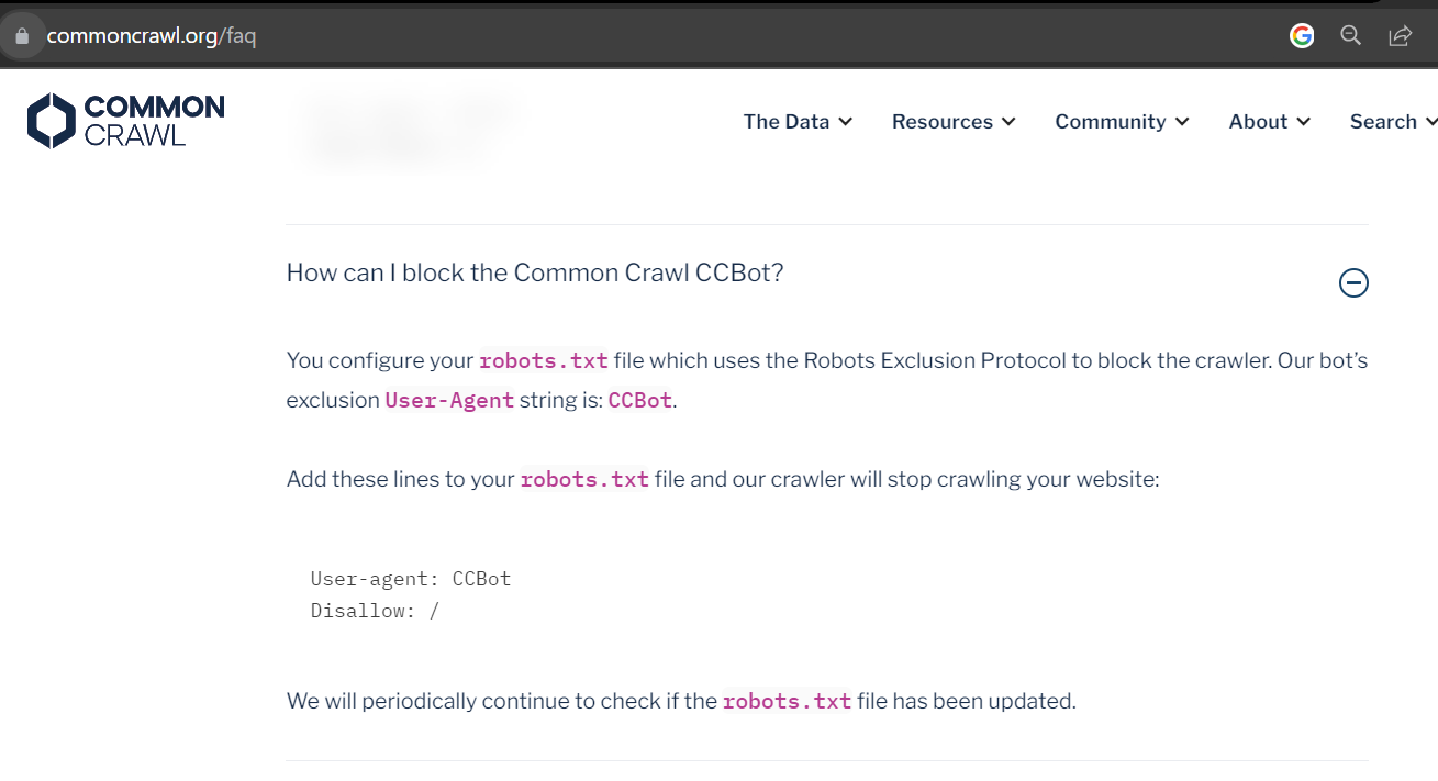 Blocking Common Crawl Bot