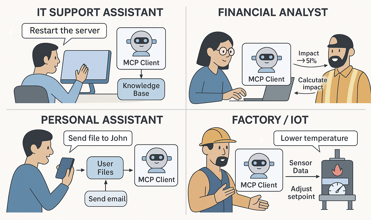 MCP Use Cases in Real-World Settings: Technical Support, Financial Analysis, Personal Assistance, and IoT MCP Use Cases in Real-World Settings: Technical Support, Financial Analysis, Personal Assistance, and IoT