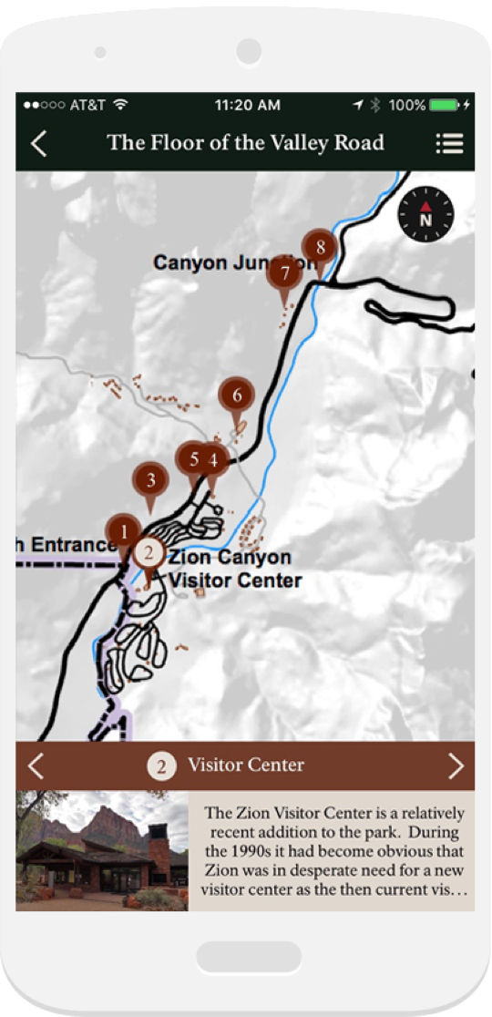 Map screen for A Tour of Zion on iOS